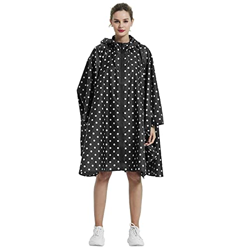 Rain Poncho Jacket Coat Hooded Zipper Style for Women (One Size / Black Dot)