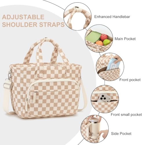 Insulated Lunch Box for Work with Cup Holder (Checkered Brown White / 17L)