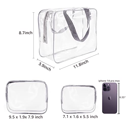 3Pcs Crystal Clear PVC Travel Toiletry Bag Kit for Women Men (1 Large, 1 Medium, 1 Small-Gray / 3 Piece Set)
