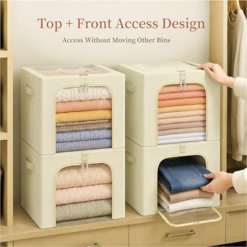 Clothes Storage Bins with Metal Frame for Closet (Beige / 40L)