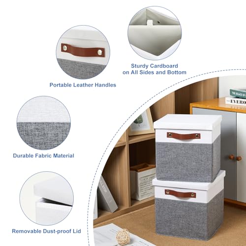 Foldable Fabric Storage Bins with Lids (10.5×10.5×10.5 / White&Grey)