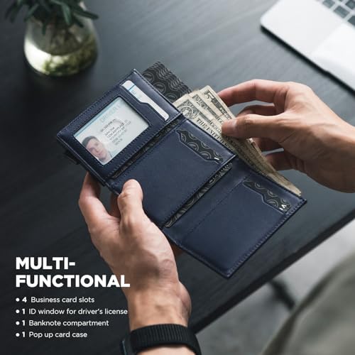 Pop up Card Wallet Minimalist Cash Wallets RFID Blocking Leather Smart Credit Card Holder with ID window for Men (Top-Grain Cowhide Blue)