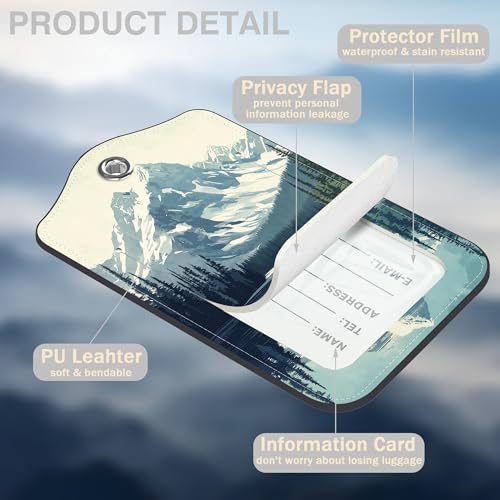 Snow Mountain Lake Forest Set of 2 Luggage Tags for Suitcases Leather Suitcase Tags Identifiers with Privacy Name Address Label and Stainless Steel Loop for Women Men Travel Luggage Accessories (Snow Mountain Lake Forest)