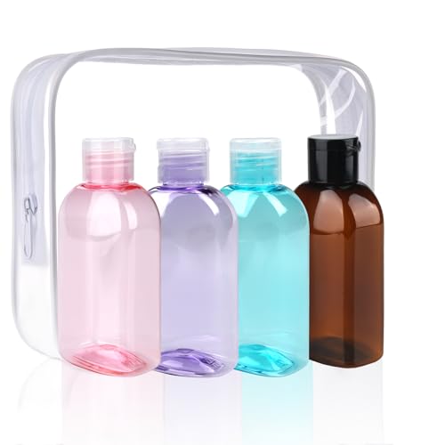 Travel Size Containers Travel Shampoo Bottles 4pcs 3.4oz TSA Approved Travel Containers for Toiletries Leak Proof Refillable Lotion Containers with Flip Cap Small Plastic Squeeze Bottles (3.4oz Colorful - 1 Brown)