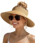 Womens Sun Visor Hats Wide Brim Straw Beach Hat UV Protection Ponytail Packable Beach Vacation Essentials Khaki (Khaki / One Size)