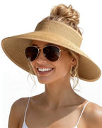 Womens Sun Visor Hats Wide Brim Straw Beach Hat UV Protection Ponytail Packable Beach Vacation Essentials Khaki (Khaki / One Size)