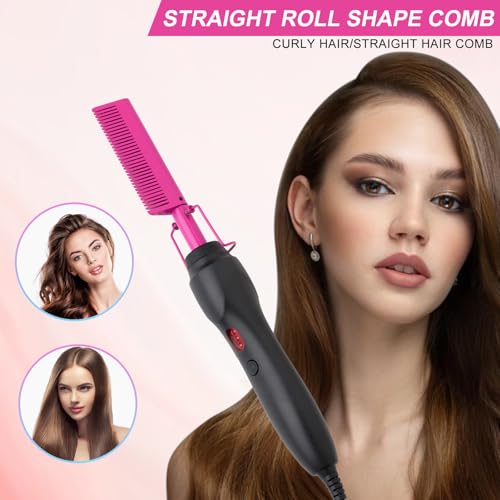 Electric Hot Comb Hair Straightener Heat Pressing Comb Curling Flat Iron Curler Hair Straightener Brush for Natural Black (Purple-3-gear)
