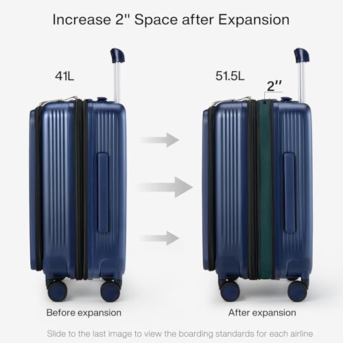 Grace Expandable Carry On Luggage with Wheels Airline Approved Hard Shell Suitcases with Front Pocket (Dark Blue / 20 Inch-3)