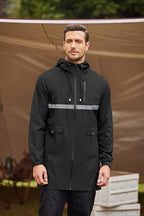 Men's Long Raincoats Lightweight Hooded Rain Jackets Waterproof Packable Outdoor Hiking Reflective Stripe Jacket (Silver Strip/Black / XX-Large)