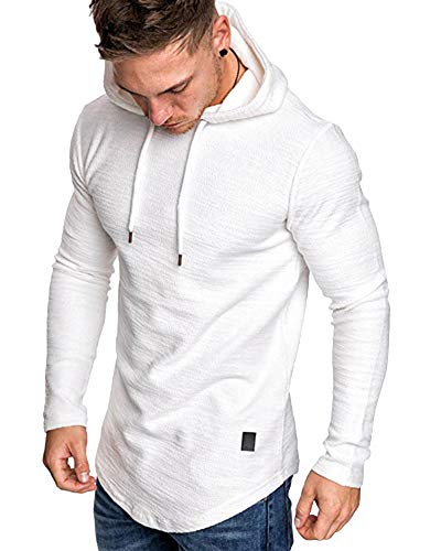 Mens Fashion Athletic Hoodies Sport Sweatshirt Solid Color Fleece Pullover White L (Large / White)