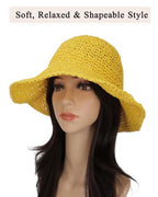 Womens Crochet Straw Sun Hat Foldable Floppy Wide Brim Beach Hat for Summer (One Size / Yellow)
