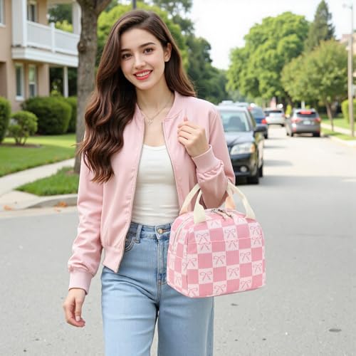 Lunch Bag for Women Men Cute Corduroy Lunch Tote Bags Reusable Insulated Lunch Box Large Capacity Reusable Insulated Cooler for Work Picnic or Travel (Bow Pink Checked 23 / 10L)