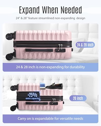 Luggage Sets 3 Pcs Suitcase with Wheels (Pink / 3-Piece Set-20 Inch/24 Inch/28 Inch)
