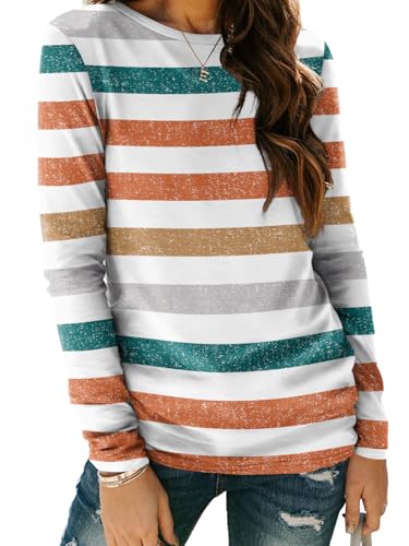 Long Sleeve Shirts for Women Casual Crewneck Tops Basic Tees (Small / Stripedorange)