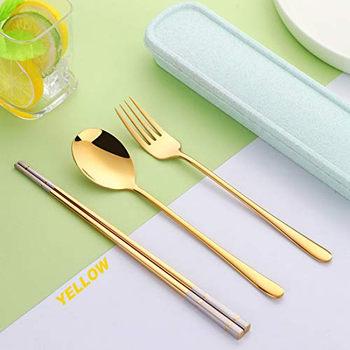 3 PCS Stainless Steel Travel Camping Flatware Set Fork Spoon Chopsticks with Portable Case (Gold)