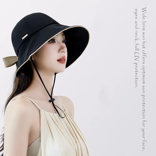 HUALBO Wide Brim Hats for Woman Foldable Hats Sun Hats for Women uv Protection Bowknot Bucket hat Adjustable hat with Ponytail Hole Black (Black)