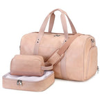 3PCS Faux Leather Weekender Bag for Women Men Travel Bag Overnight Bags (Pink)