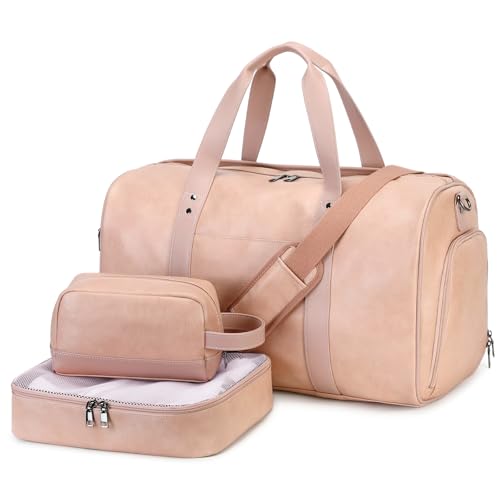 3PCS Faux Leather Weekender Bag for Women Men Travel Bag Overnight Bags (Pink)