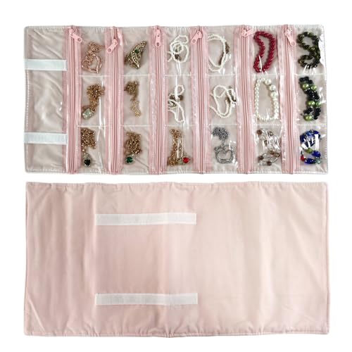 Travel Jewelry Roll Bag Portable Organizer Pouch With Grids&PVC Cover Storage Bags for Necklace (Light Pink Velvet 18 Grids)