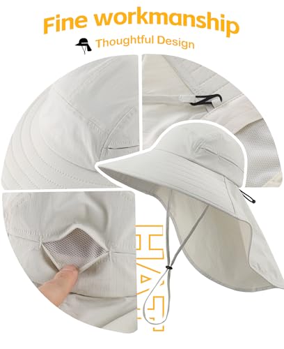 UPF 80+ Sun Hat for Men Women Wide Brim Sun Hat with Neck Flap Summer Safari UV Protection Gardening Fishing Hat Light Grey (Light Grey)