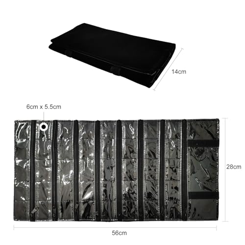 Travel Jewelry Roll Bag Portable Organizer Pouch With Grids&PVC Cover Storage Bags for Necklace (Black Velvet 40 Grids)
