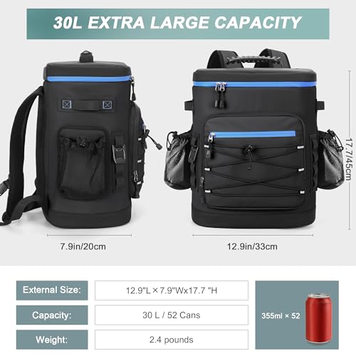 Large 52 Can Insulated Waterproof Leakproof Cooler Backpack (Black, Blue Zipper)
