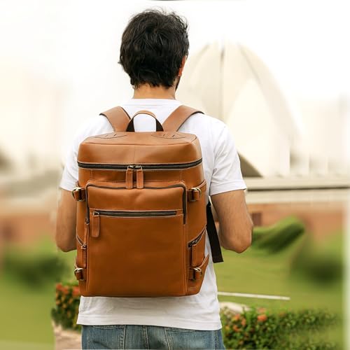 Leather Tan Backpack For Men Genuine Laptop Rucksack For Men Women Genuine Leather Vintage Large Capacity Business Retro Travel Camping Daypack (Tan)