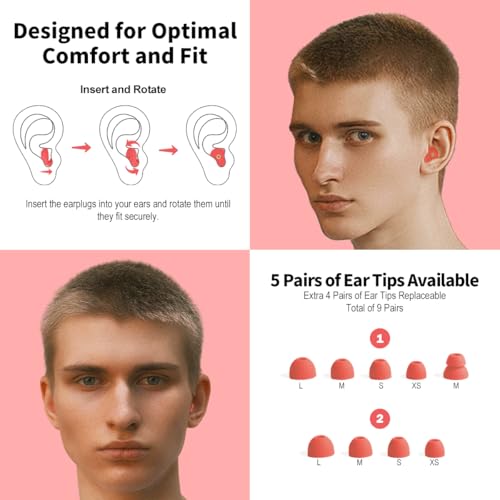 Ear Plugs for Sleeping Earplugs for Concerts Noise Cancelling Reusable Soft Silicone Noise Reduction Earbuds for Travel (Red)