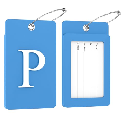 2 Pack Initial Luggage Tags for Suitcases Airplane Travel Essentials (Large P / Blue)