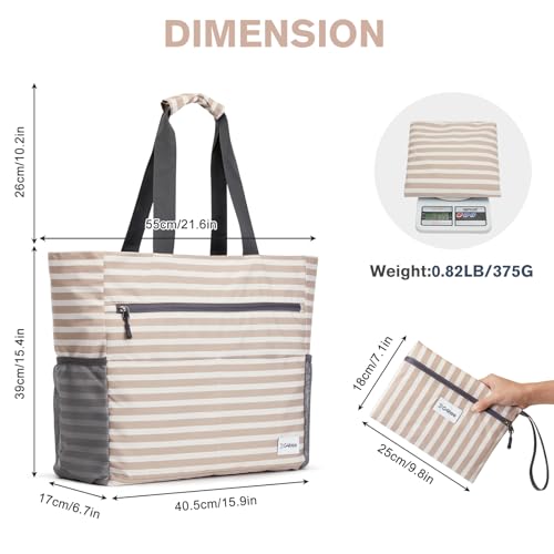 Beach Bag Waterproof Sandproof Large Capacity Foldable for Women (Brown Stripe / 35L)