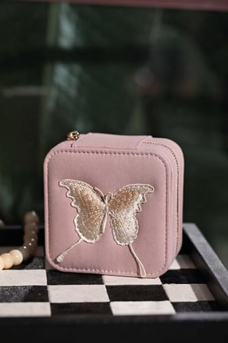 Travel Jewelry Organizer Boxes for Women Small Portable Necklace Earrings Bracelet Rings Travel Case Best Friend Birthday Gifts for Women Trendy (Butterfly_Pink_Gold)