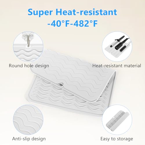 Heat Resistant Mat Oversize Curling Iron Mat Silicone Hot Hair Tools Mat for Hair Straightener (White)