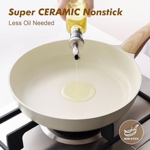 9.5inch Ceramic Nonstick Frying Pan Paella Pan with Lid (9.5 Inch / CREAM White)