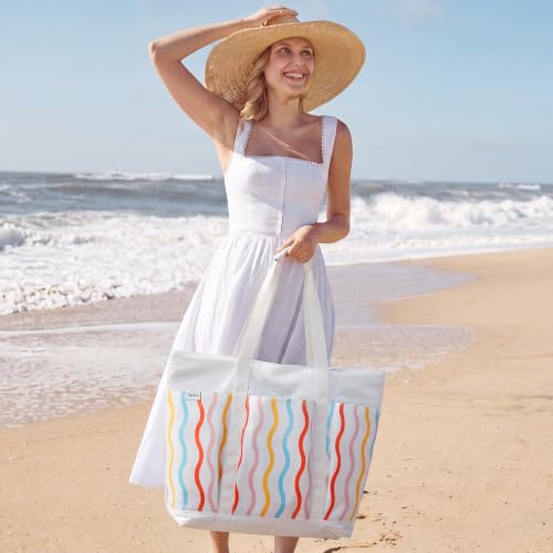 Beach Bag Waterproof Beach Tote Pool Bags for Women (Rainbow Wavy / 50L)