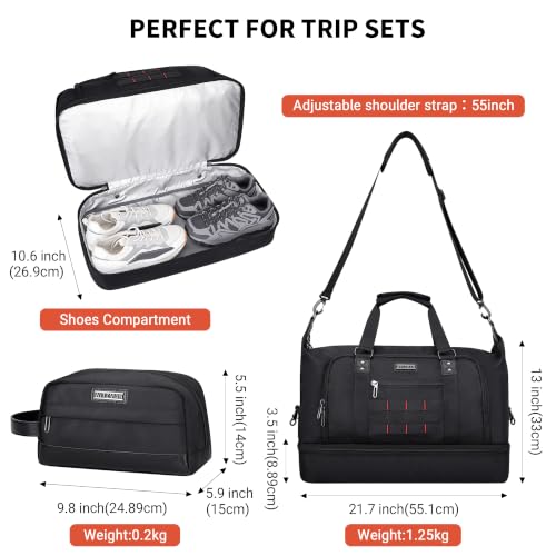 Nylon Duffle Bag for Men 50L with Toiletry Bag Sets Overnight Bag (Black)