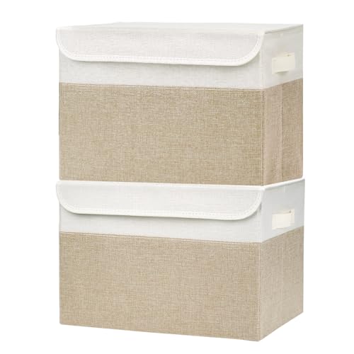 Large 42 Quarts Fabric Storage Bins with Lids [2 (Beige & White / Large - 2 Pack)