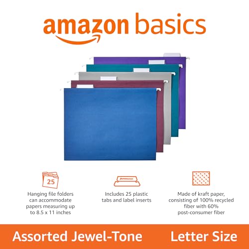 Hanging File Folders with Adjustable Tabs for Document Organization (Assorted Jewel-tone Colors / Letter)