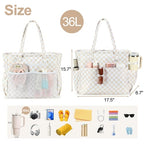 Waterproof Beach Tote Pool Bags for Women Ladies Extra Large Carry On Bag With Wet Compartment for Weekender Travel (Light Brown Checkered)