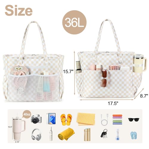 Waterproof Beach Tote Pool Bags for Women Ladies Extra Large Carry On Bag With Wet Compartment for Weekender Travel (Light Brown Checkered)