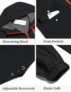 Long Rain Jackets Lightweight Hooded Packable Raincoat Waterproof Outdoor Hiking Windbreaker Jacket for Men (Black/Orange / Large)