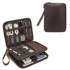 Full Grain Leather Travel Cable Accessories Bag (Brown)