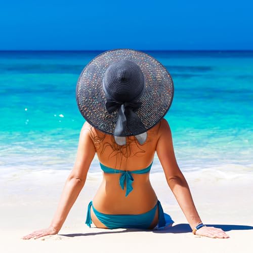 Womens Big Bowknot Straw Hat Foldable Sun Hats Floppy Beach Hat Large Roll up Cap UPF 50+ (Pied Navy Blue / 5.3" Brim, 1 Pack)