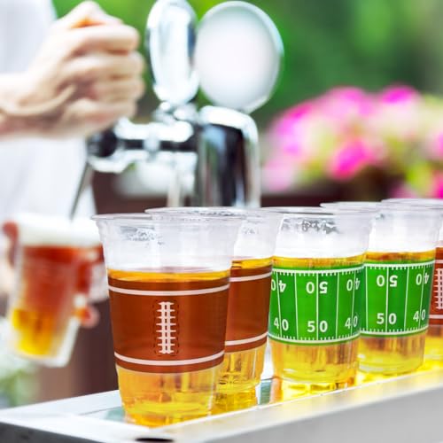100 Pcs 16oz Football Plastic Cups (Green and Brown)