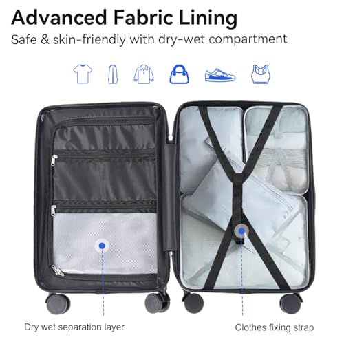 SOKOK Front Pocket Luggage Wide Handle with Spinner Wheels 24 Inch (Black)