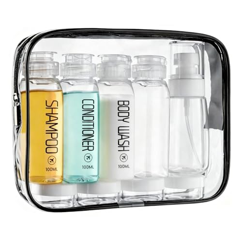 10PCS 100ml TSA Approved Clear Travel Bottles for Toiletries (B-3.4oz-Clear-3label1blank / Clear)