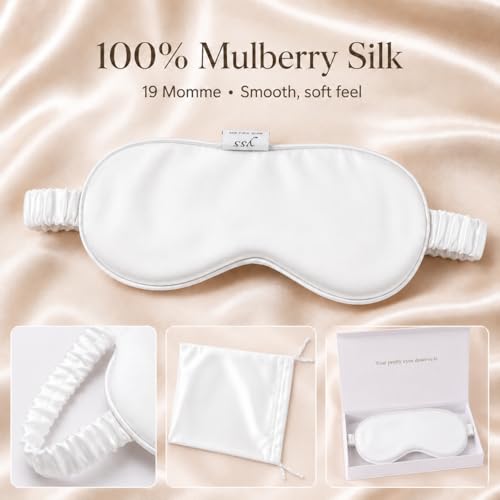Silk Sleep Mask Light Blocking Luxury 100% Mulberry 19mm Silk Eye Mask Eye Cover Blindfold Ultra Soft Light & Comfy Anti Aging Skin Care with Travel Bag Gift Package (White)