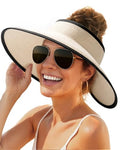 Womens Sun Hat with Ponytail Hole Wide Brim Beach Straw Visor (Medium / Beige With Black)