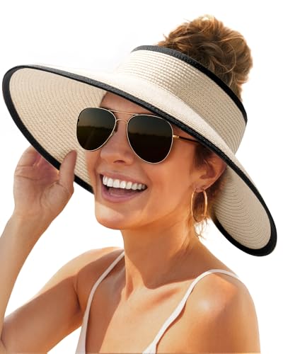 Womens Sun Hat with Ponytail Hole Wide Brim Beach Straw Visor (Medium / Beige With Black)