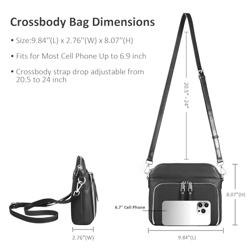 Black Genuine Leather Crossbody Bags for Women Travel Wallet Purse (Black)