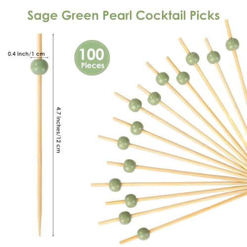 100 Pcs Sage Green Pearl Cocktail Picks 4.7" Toothpicks Skewers (Sage Green Pearl)